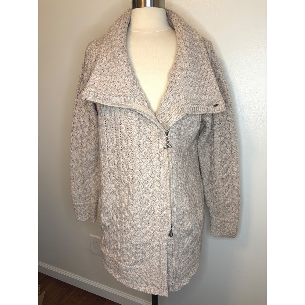 Aran Crafts Ireland Merino Wool Asymmetric Zip Cable Knit Cardigan Beige L NWOT